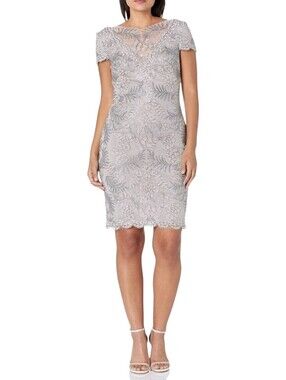 TADASHI SHOJI Pemba Silver and Gray Embroidered Cocktail Dress Size 10